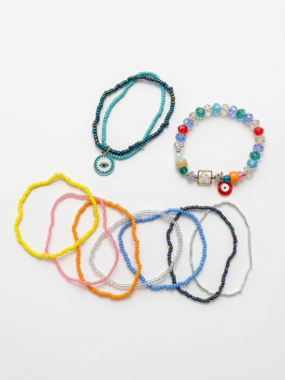 Multicolour Evil Eye Beaded Bracelet Set – 9 Pieces